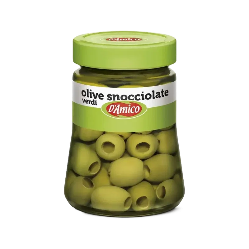D'Amico Olive Verdi Snocciolate 290 g, glazen pot met groene olijven zonder pit