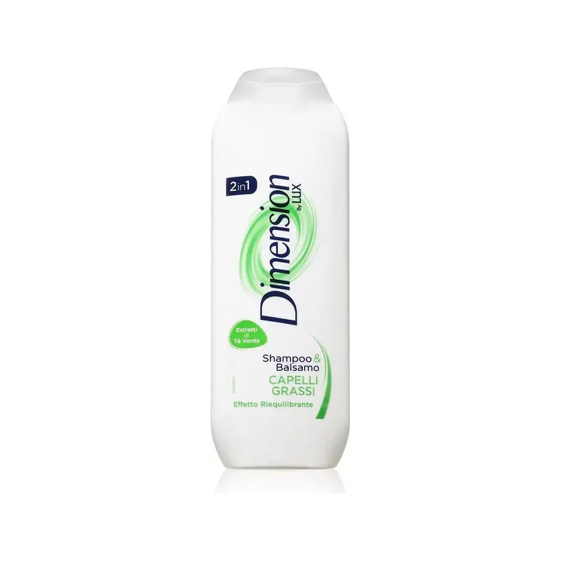 Dimension shampoo en conditioner 2 in 1 vet haar 250 ml, witte fles met groene details