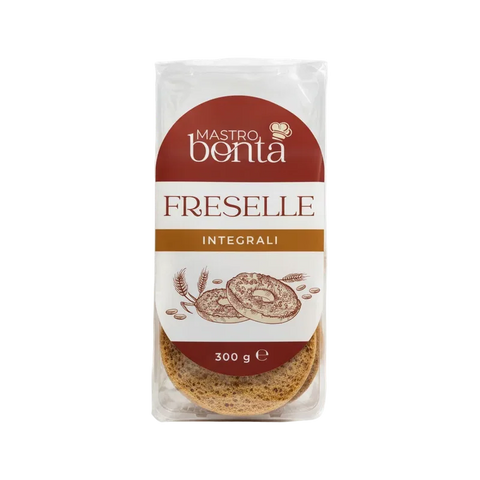 MastroBontà Freselle Integrali 300 g, sacchetto bordeaux con le freselle integrali in vista