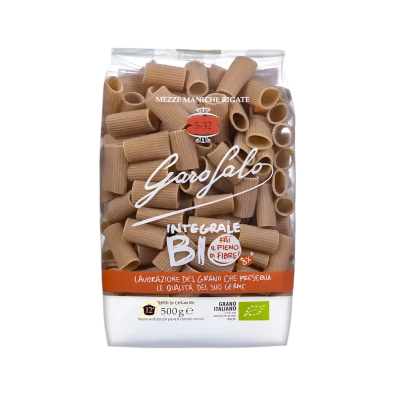 Garofalo Mezze Maniche Integrali Bio N°5-32 500 g, doorzichtige zak met geribbelde volkorenpasta