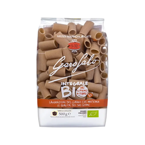 Garofalo Mezze Maniche Integrali Bio N°5-32 500 g, sacchetto trasparente con pasta integrale rigata