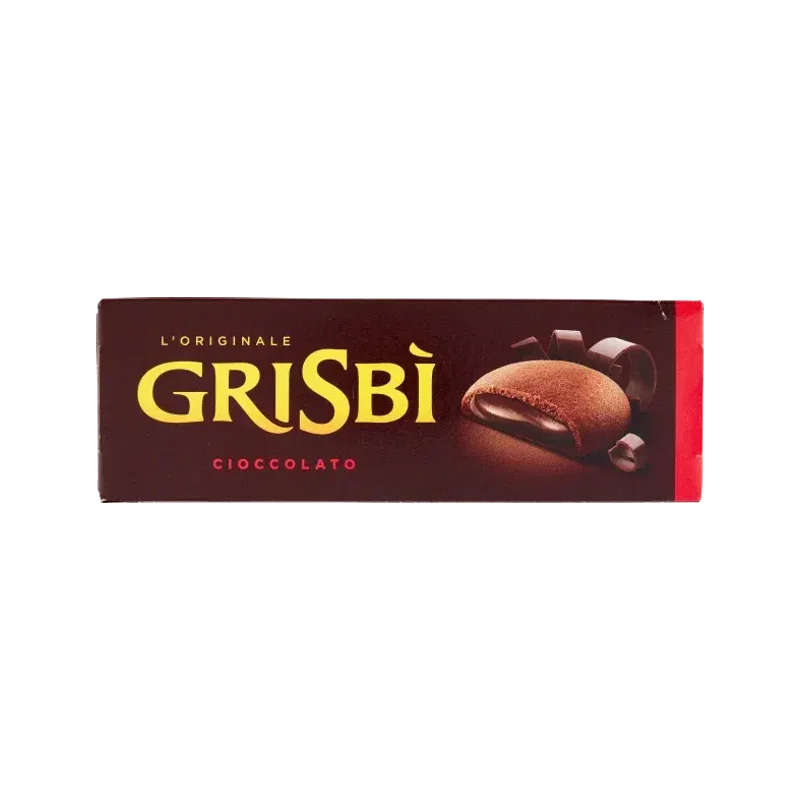 Grisbì koekjes met chocoladecrème 135 g, bruin doosje met rode band en koekje op de voorkant