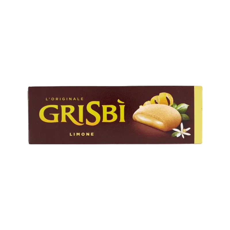 Grisbì koekjes met citroencrème 135 g, bruin doosje met gele band en koekje op de voorkant
