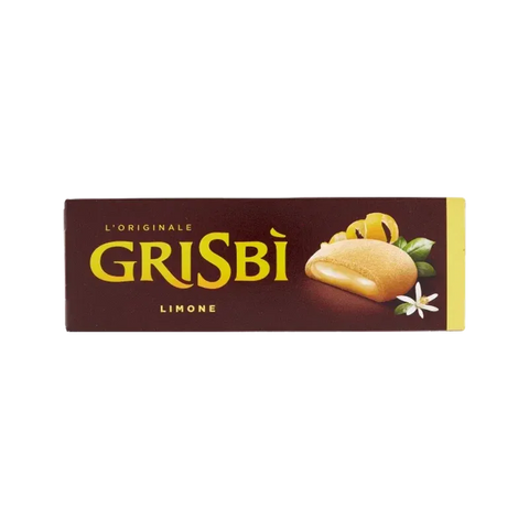 Grisbì Biscotti al Limone 135 g, astuccio marrone con banda gialla e biscotto in vista