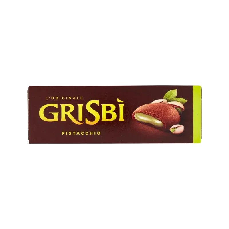 Grisbì koekjes met pistachecrème 135 g, bruin doosje met groene band en koekje op de voorkant