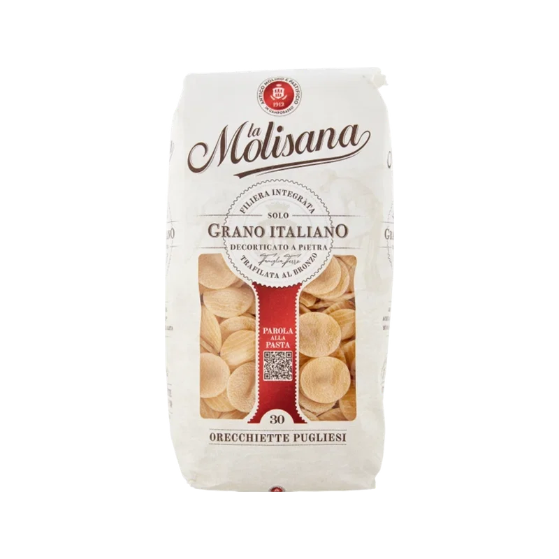 La Molisana Orecchiette Pugliesi N°30 500 g, licht papieren pak met venster op de orecchiette