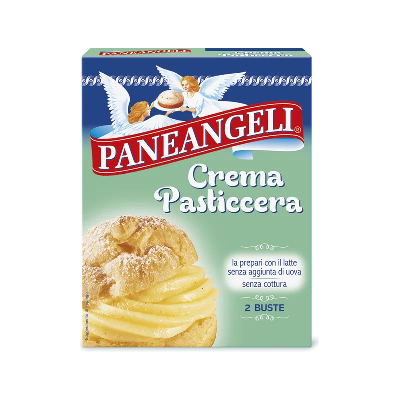 Paneangeli Crema Pasticcera 2 x 75 g, groene doos met een soesje gevuld met vanilleroom