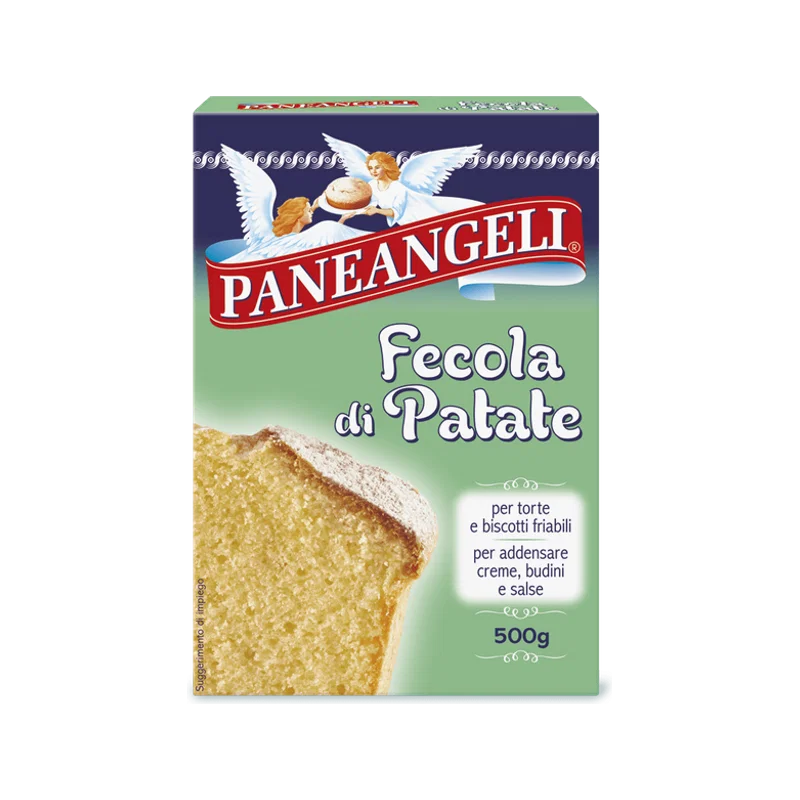 Paneangeli Fecola di Patate, groen pak met een stuk cake bestrooid met poedersuiker