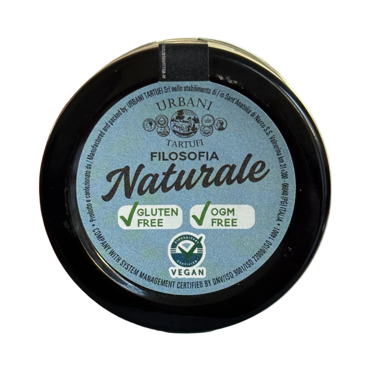 Urbani Tartufi Carpaccio di Tartufi Estivi 45 g, deksel met de logo's gluten free, OGM free en vegan