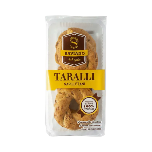 Saviano Taralli Napoletani 160 g, verpakking met goudbruine en krokante taralli