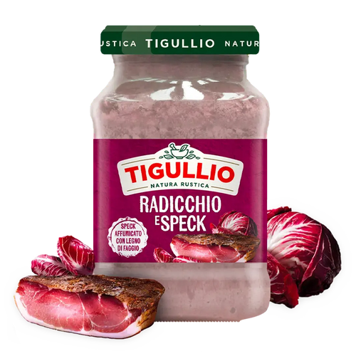 Tigullio Pesto Radicchio e Speck 185 g, glazen potje met rode radicchio en speck