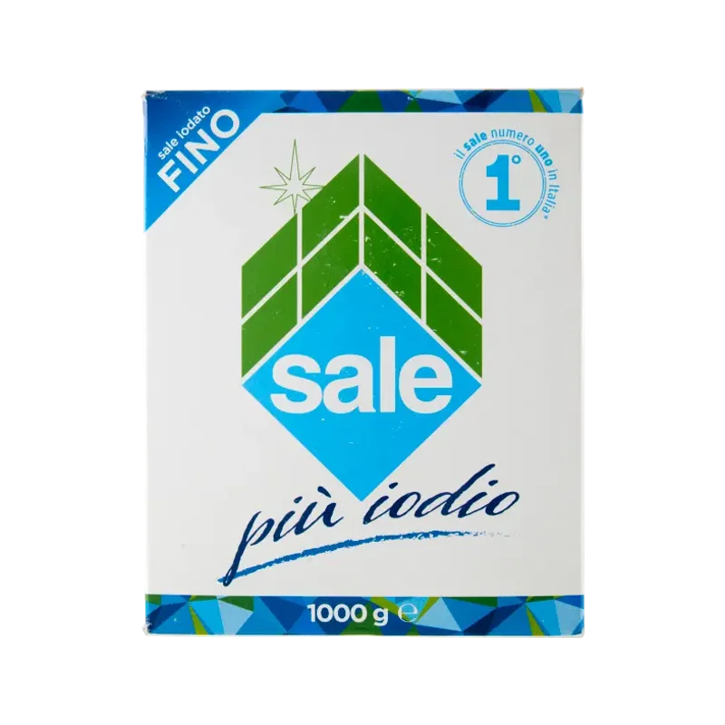 Italkali Siciliaans fijn gejodeerd zout 1 kg, wit met blauw pak met het ruitlogo Sale più iodio