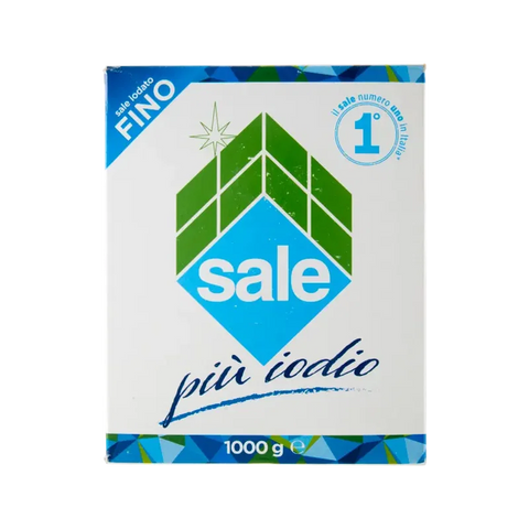 Italkali Sale di Sicilia Iodato Fino 1 kg, astuccio bianco e blu con la losanga Sale più iodio