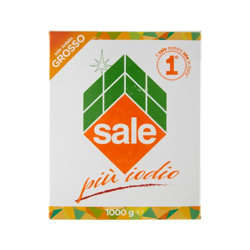Italkali Siciliaans grof gejodeerd zout 1 kg, wit met oranje pak met het ruitlogo Sale più iodio