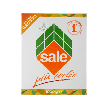 Italkali Sale di Sicilia Iodato Grosso 1 kg, astuccio bianco e arancione con la losanga Sale più iodio
