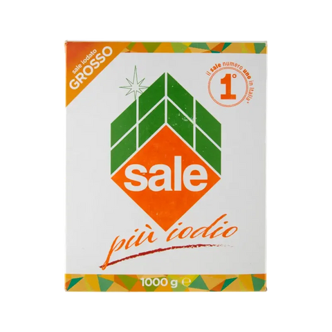 Italkali Sale di Sicilia Iodato Grosso 1 kg, astuccio bianco e arancione con la losanga Sale più iodio