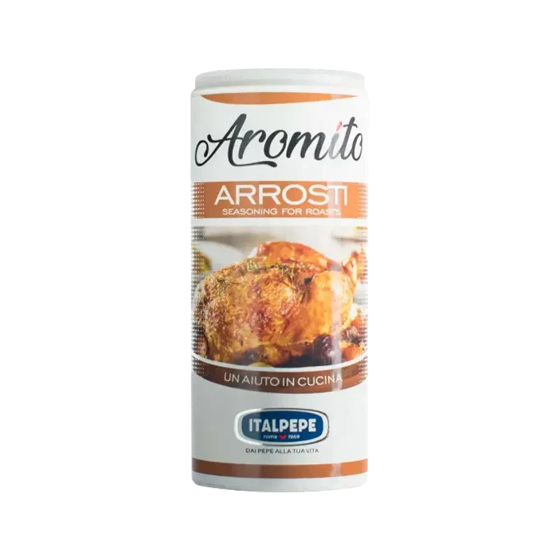 Italpepe Aromito Arrosti 130 g, cilindrische bus met geroosterde kip op het etiket