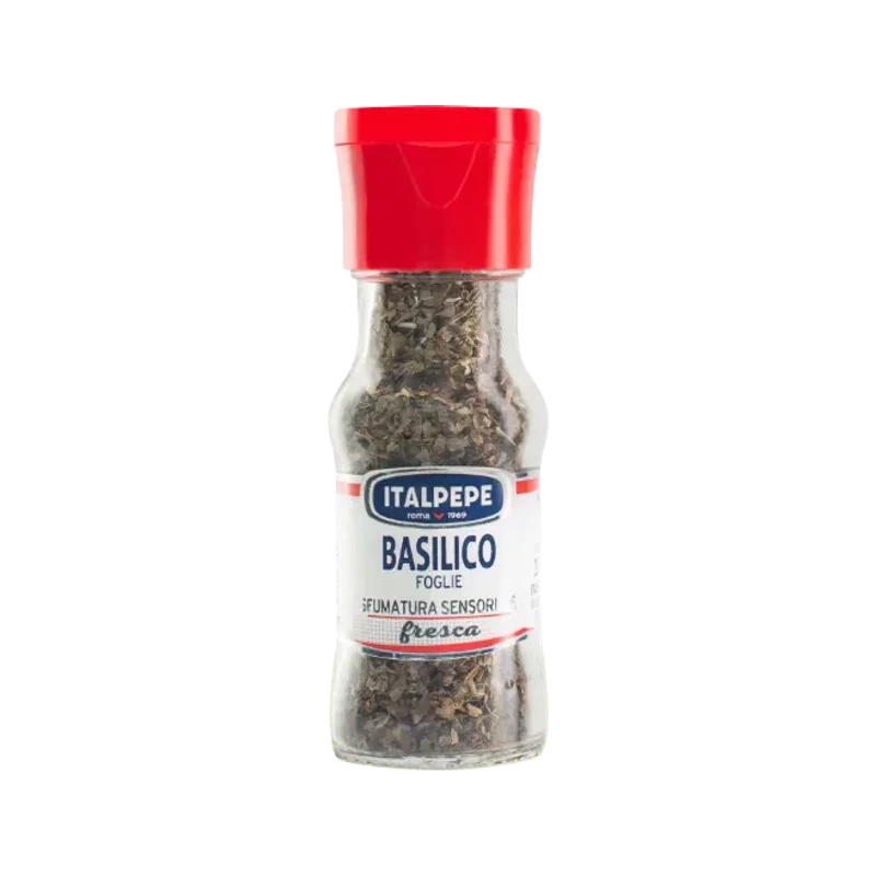 Italpepe Basilico in Foglie 10 g, glazen potje met rode dop en gedroogde blaadjes