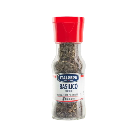 Italpepe Basilico in Foglie 10 g, barattolo di vetro con tappo rosso e foglie essiccate
