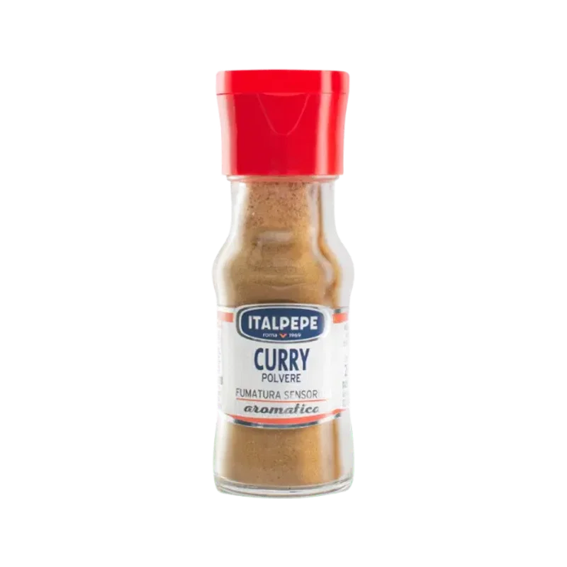 Italpepe Curry in Polvere 25 g, glazen potje met rode dop en goudkleurig poeder