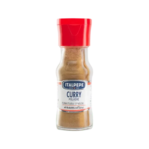 Italpepe Curry in Polvere 25 g, barattolo di vetro con tappo rosso e polvere dorata
