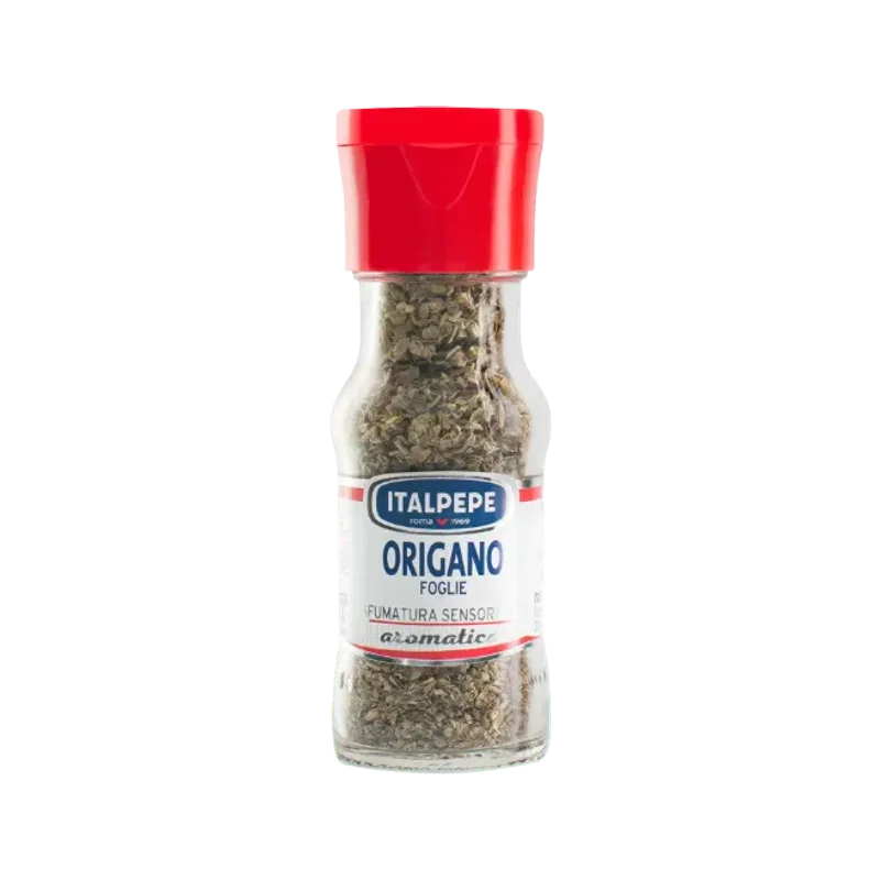 Italpepe oregano blaadjes 8 g, glazen potje met rode dop en wit etiket
