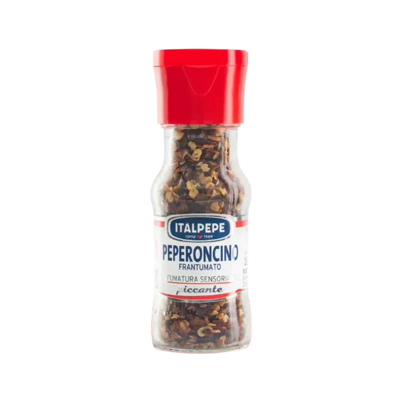 Italpepe Peperoncino Macinato 27 g, glazen potje met rode dop en etiket van de Linea Classica