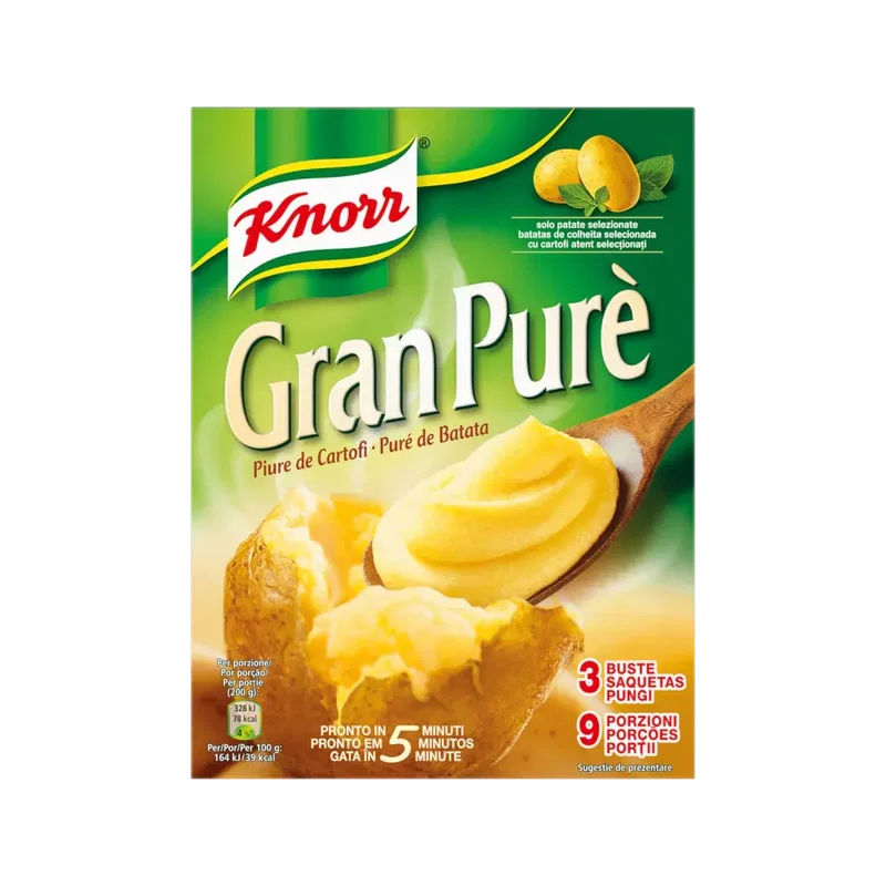 Knorr Gran Purè di Patate 3 x 75 g, groen doosje met lepel aardappelpuree en aardappelen