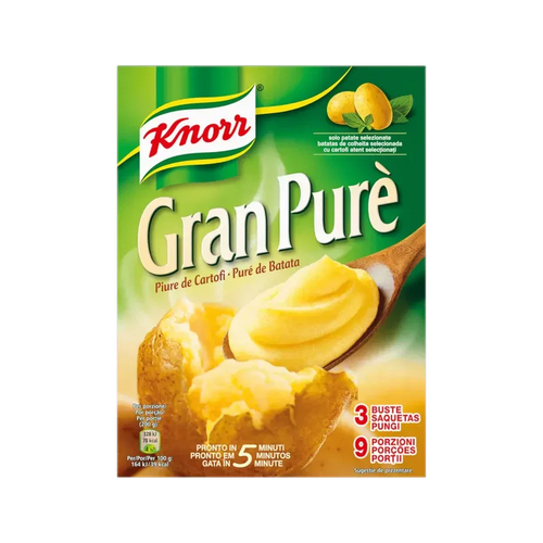 Knorr Gran Purè di Patate 3 x 75 g, groen doosje met lepel aardappelpuree en aardappelen