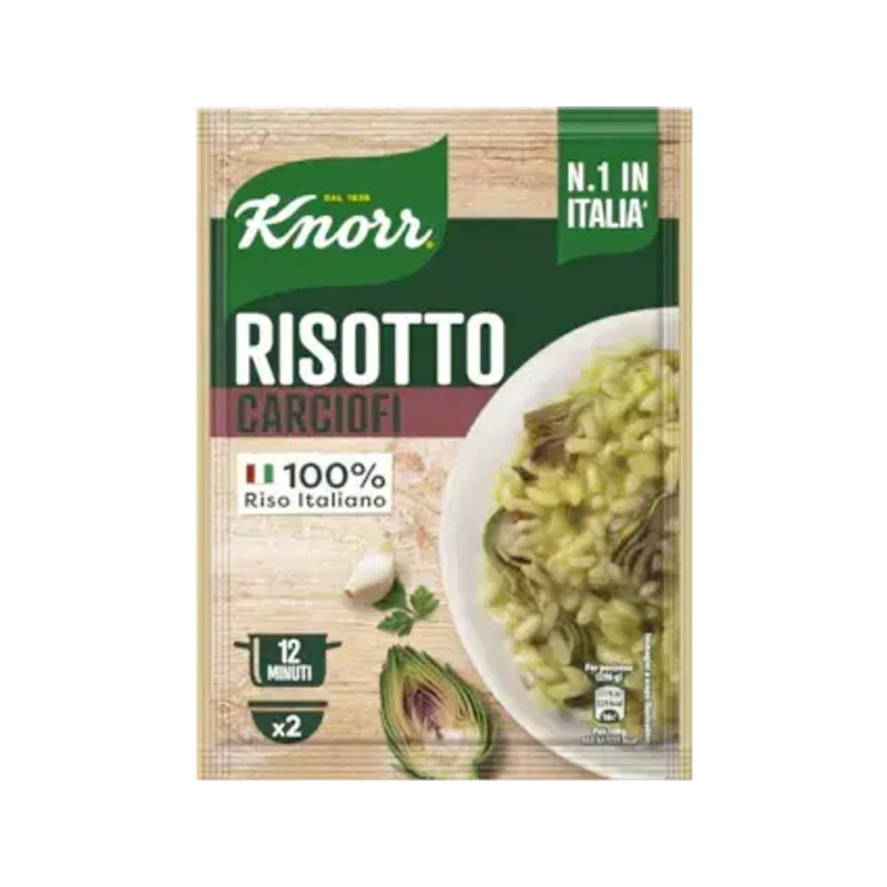 Knorr Risotto ai Carciofi 175 g, busta verde con piatto di risotto e carciofo fresco