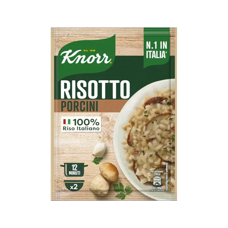 Knorr Risotto ai Funghi Porcini 175 g, groene zak met bord risotto en eekhoorntjesbrood