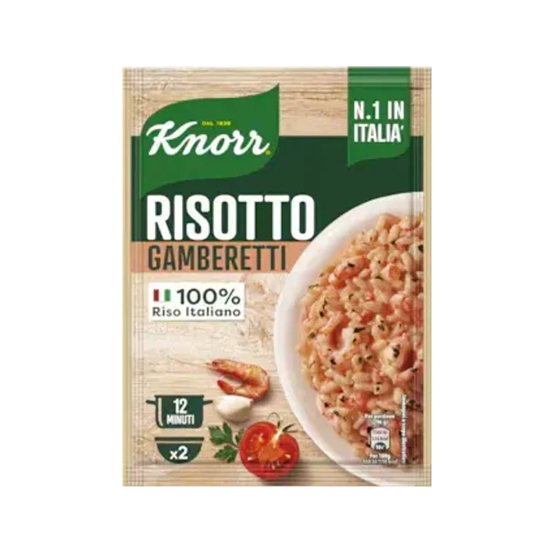 Knorr Risotto ai Gamberetti 175 g, groene zak met bord risotto, garnaal en tomaat
