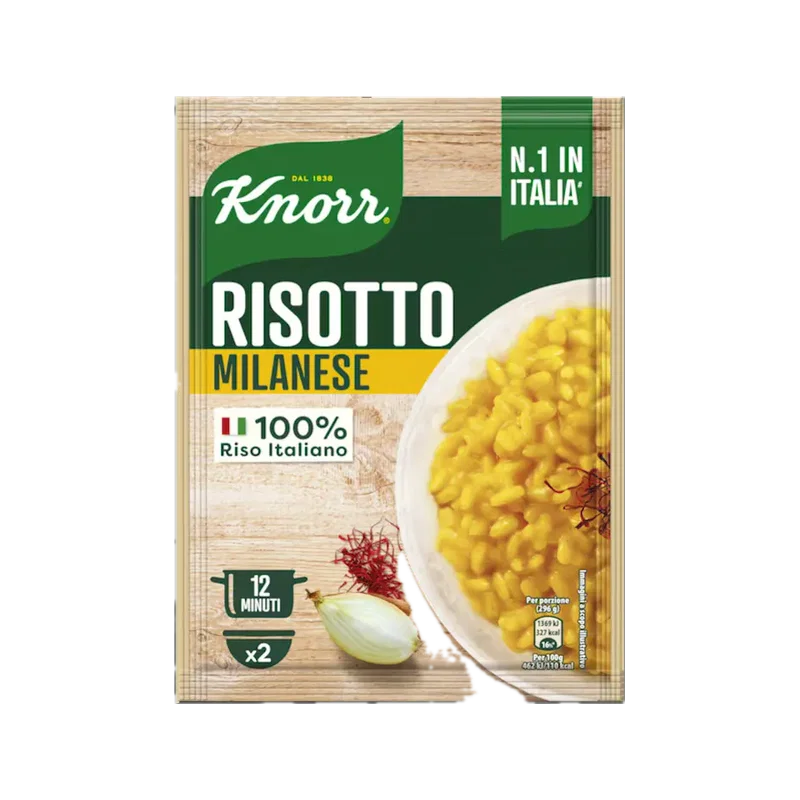 Knorr Risotto alla Milanese 175 g, groene zak met bord gele saffraanrisotto