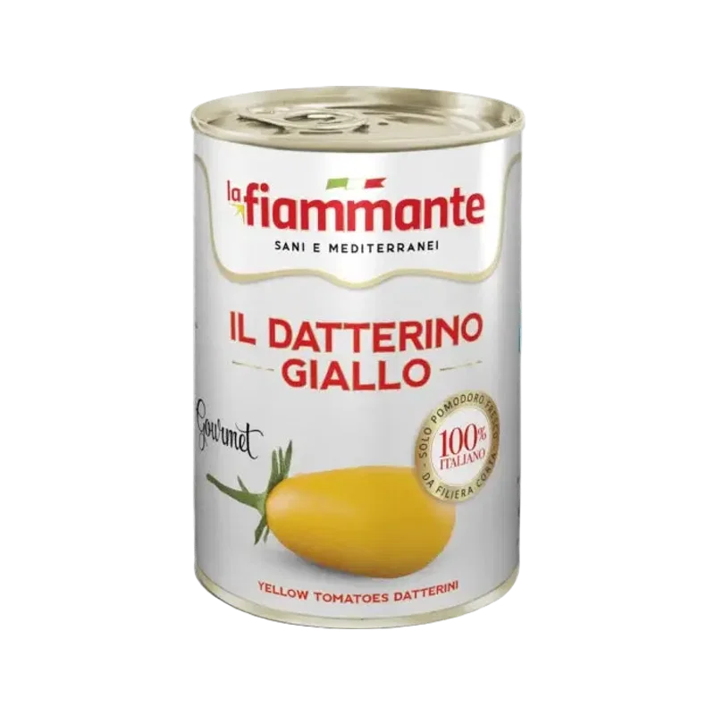 La Fiammante gele datterini 400 g, wit blik met geel tomaatje en zegel 100% italiano