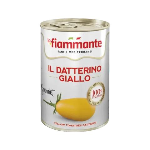 La Fiammante Datterini Gialli 400 g, latta bianca con pomodorino giallo e sigillo 100% italiano