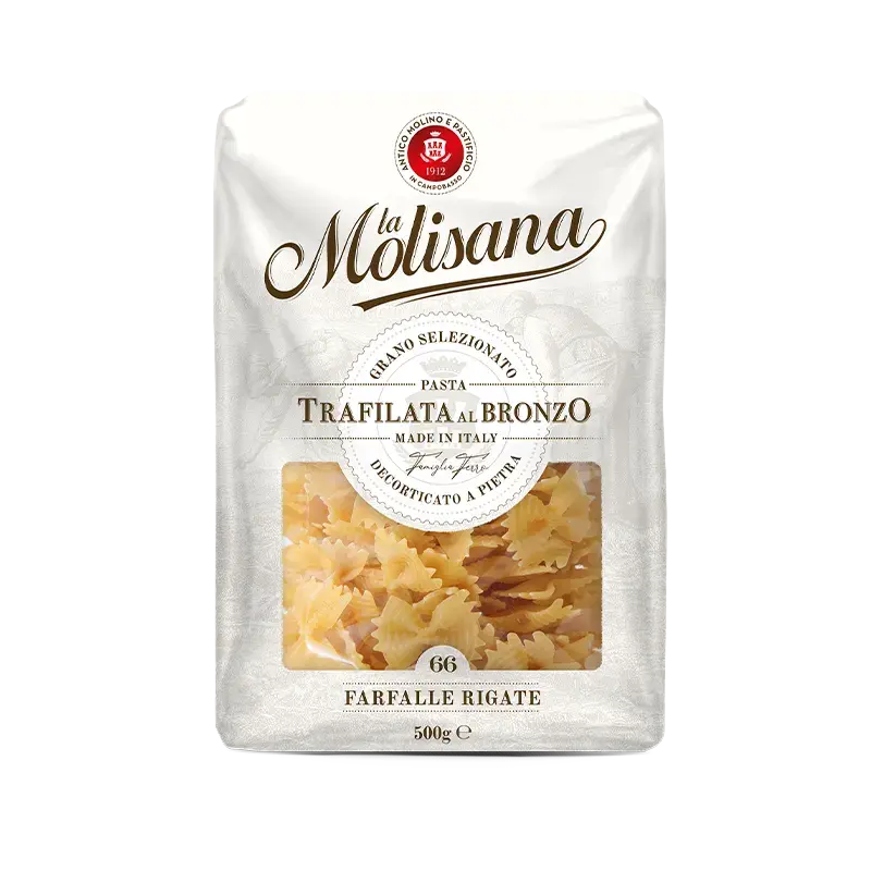 La Molisana Farfalle Rigate N°66 500 g, wit pak met venster op de geribbelde vlinderpasta