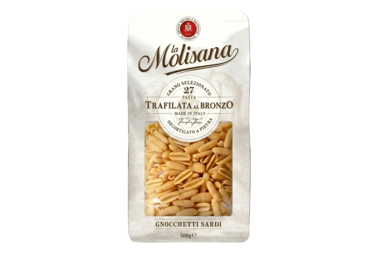 La Molisana Gnocchetti Sardi N°27 500 g, licht papieren pak met venster op de geribbelde gnocchetti