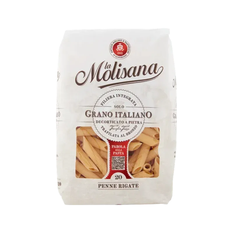 La Molisana Penne Rigate N°20 500 g, confezione con sigillo solo grano italiano e finestra sulle penne rigate
