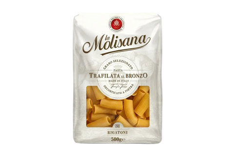 La Molisana Rigatoni N°31 500 g, confezione bianca con finestra sui rigatoni rigati