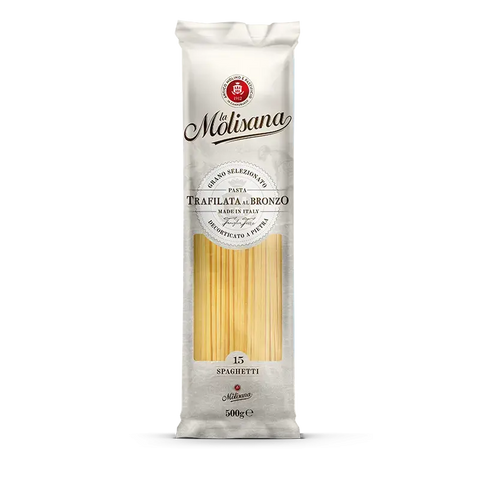 La Molisana Spaghetti N°15 500 g, sacchetto avorio con finestra sugli spaghetti trafilati al bronzo