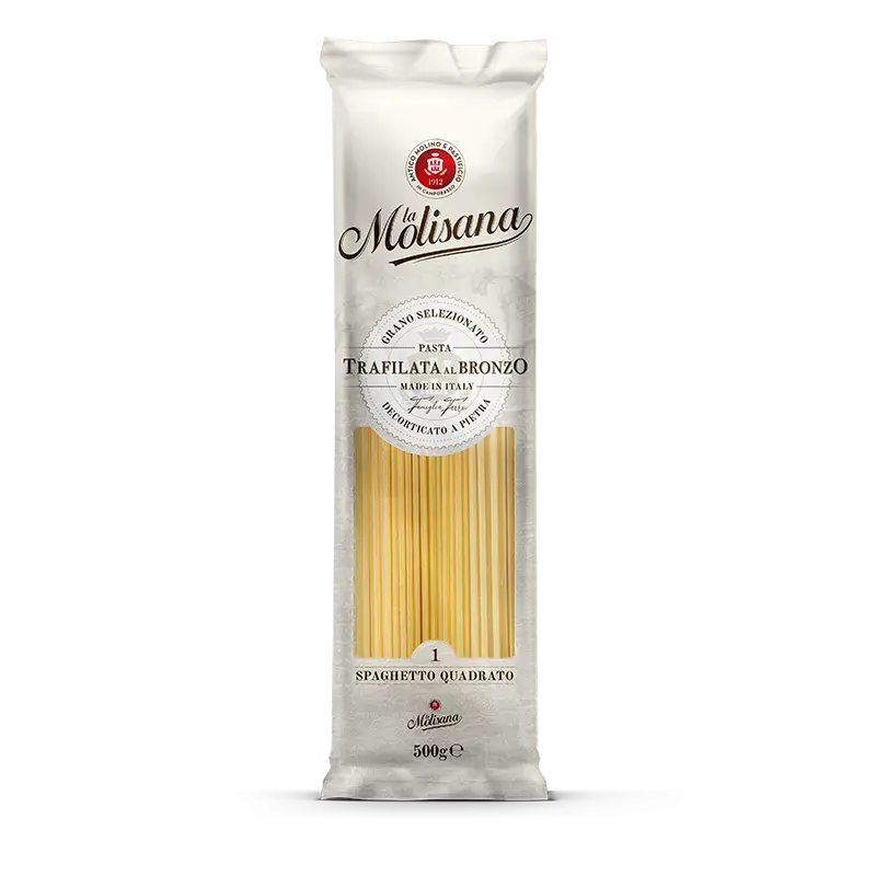 La Molisana Spaghetto Quadrato N°1 500 g, ivoorkleurige zak met venster op de vierkante spaghetti