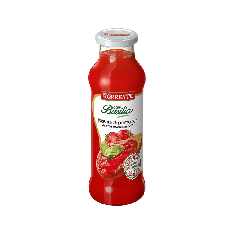 La Torrente Passata met Basilicum 690 g, glazen fles met wit met groen etiket