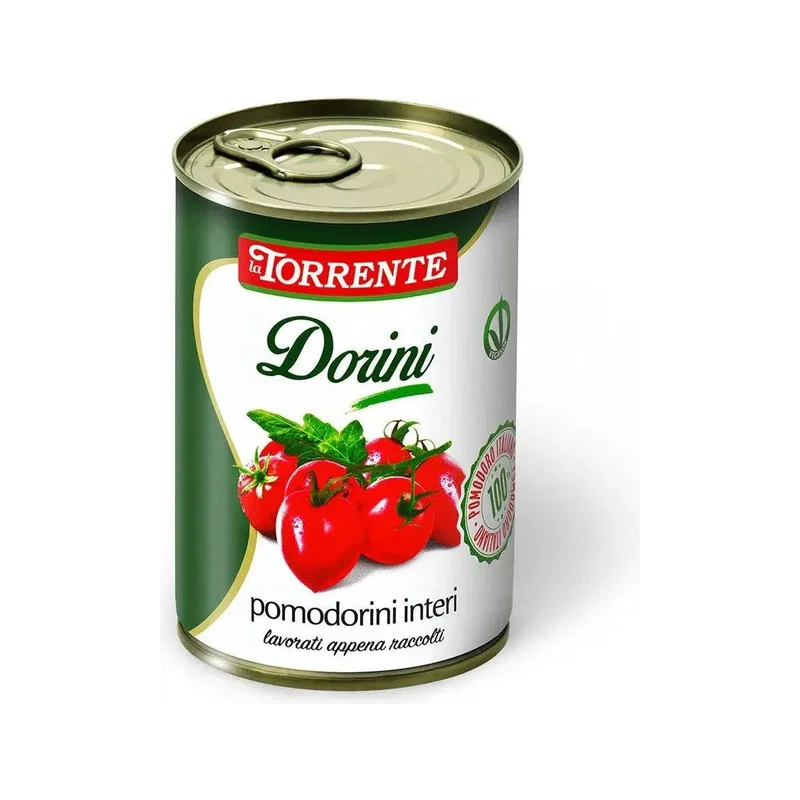 La Torrente Pomodorini Interi Dorini 400 g, groen met wit blik met trostomaatjes