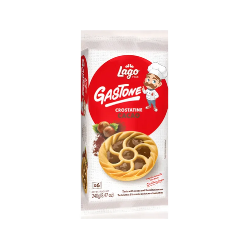 Lago Crostatine Cacao 240 g, witte Gastone verpakking met het taartje met cacaocrème en hazelnoot