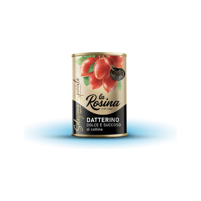 La Rosina Pomodori Datterini 400 g, goudkleurig met zwart blik uit de lijn Selezione Speciale