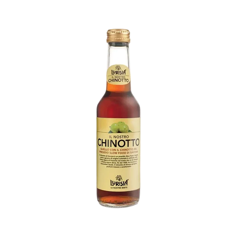 Lurisia Chinotto 275 ml, glazen flesje met ivoorkleurig etiket en amberkleurige frisdrank