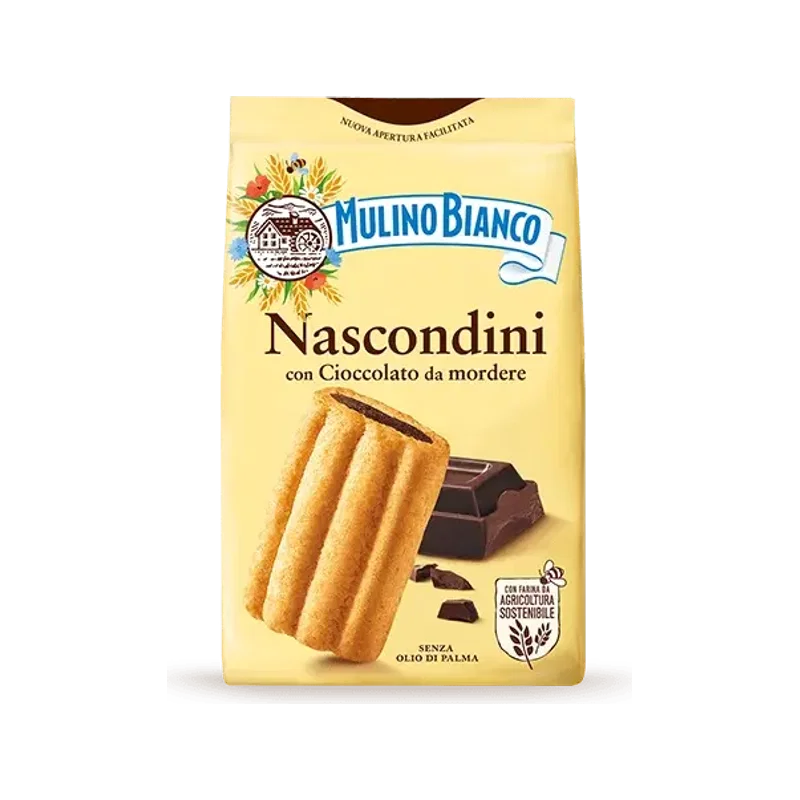 Mulino Bianco Nascondini met Chocolade 330 g, gele zak met geribbeld koekje en een blokje chocolade
