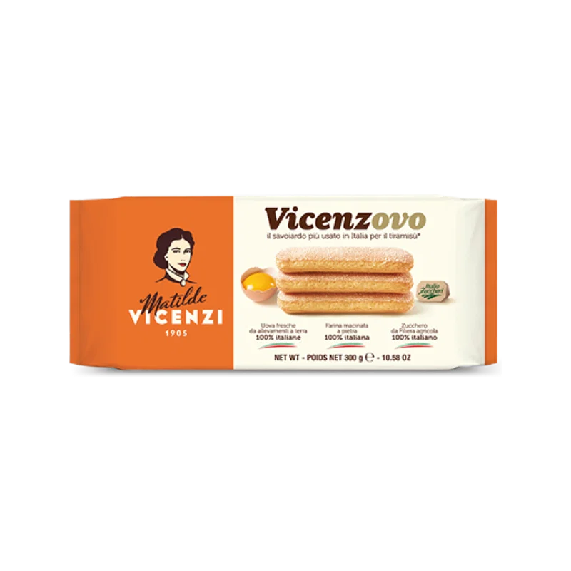 Matilde Vicenzi Vicenzovo lange vingers 300 g, oranje verpakking met de savoiardi in beeld