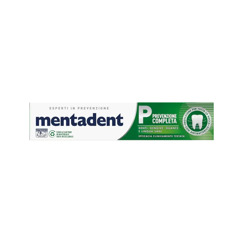 Mentadent P tandpasta Prevenzione Completa 100 ml, groen doosje met tand en vermelding con antibatterico