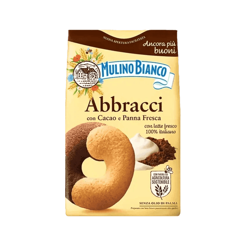 Mulino Bianco Abbracci 350 g, gele verpakking met het tweekleurige koekje van room en cacao